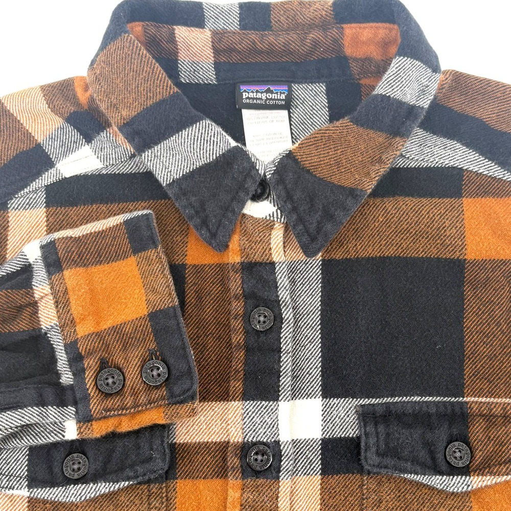 Patagonia Womens Organic Cotton Plaid Flannel Shirt Brown Black White Size 8
